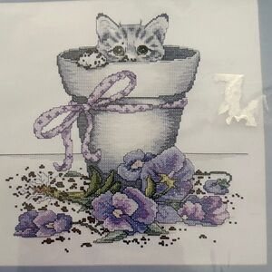 Charming‎ Cat in Pot Cross-Stitch Kit - Gray and Purple